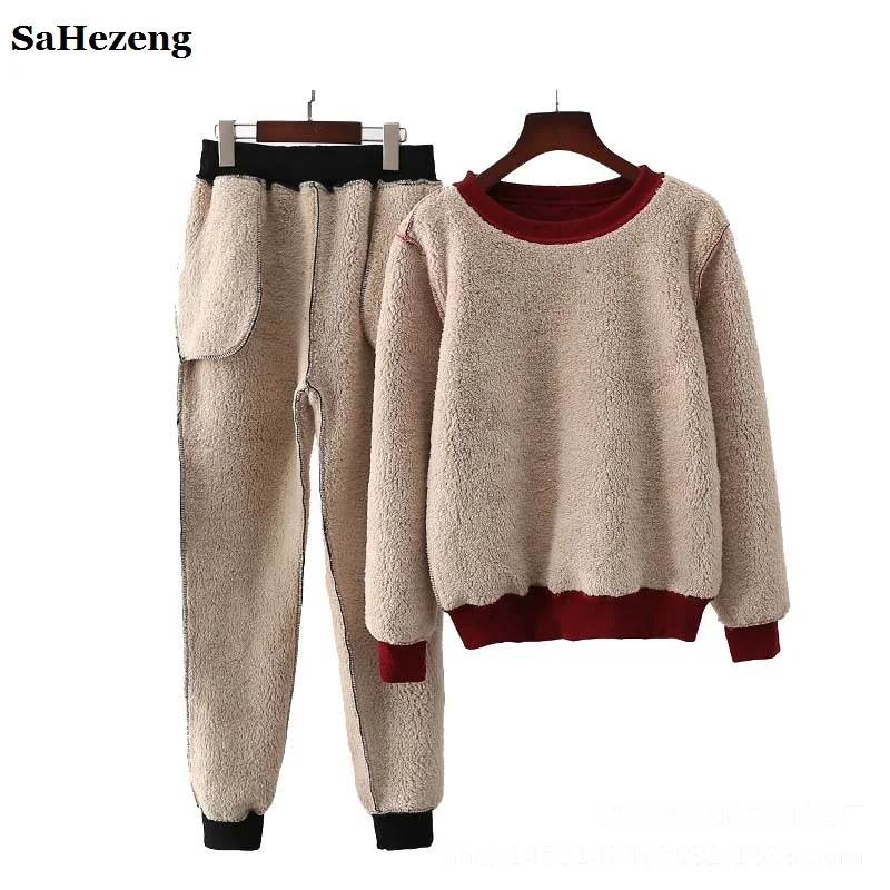 Winter Warm Thicken Women Cashmere 2 Pieces Sets For Female 2022 Casual Loose Hoodies Sweatshirts And Pants Suits Outfits A92-1