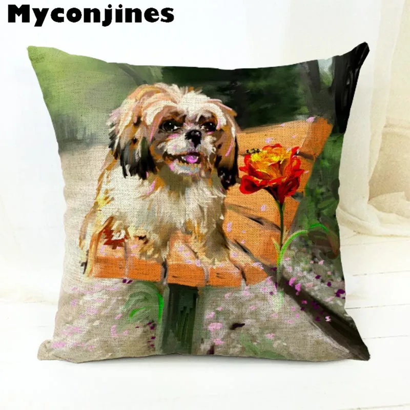 Милая мультяшная собачка, картина маслом, Shih Tzu, Наволочка на подушку, 17 дюймов, льняная декоративная домашняя подушка для сиденья автомобиля, осенняя подушка для леса