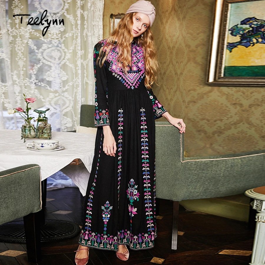 Длинные платья TEELYNN в стиле бохо осень 2018 этнические из искусственного шелка с