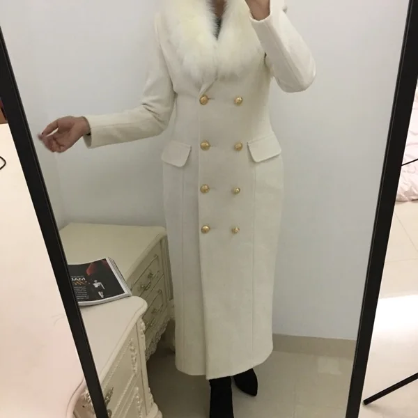 Зимнее модное женское Шерстяное Пальто белое шерстяное пальто с большим меховым