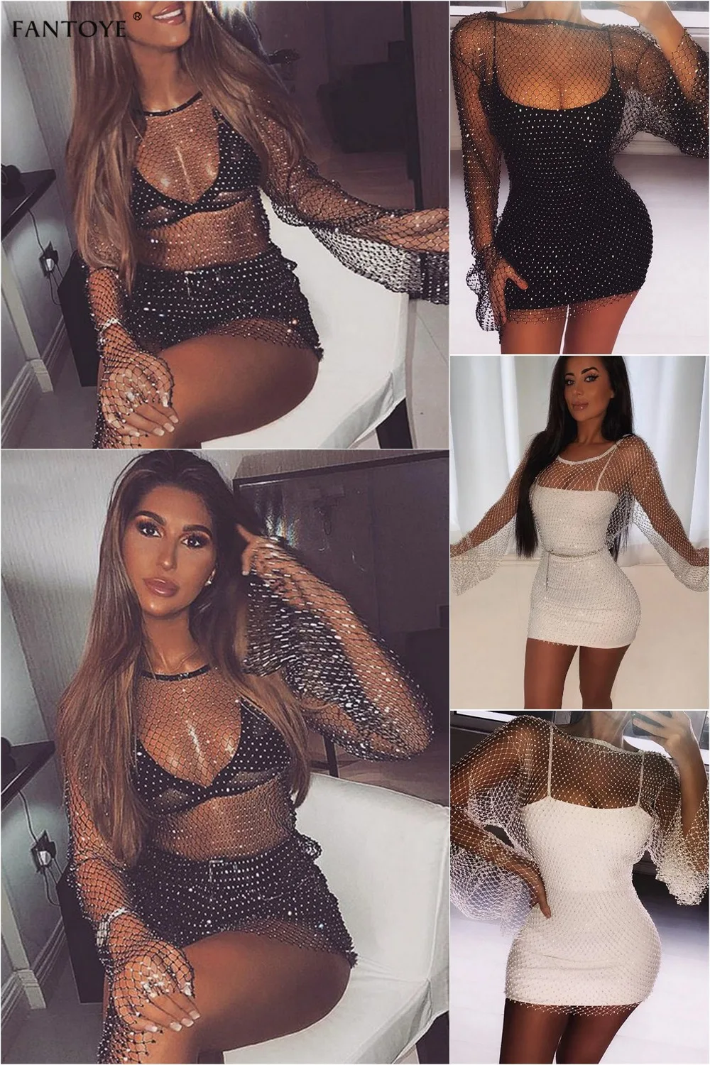 Fantoye С кристалалми и стразами Сексуальная Bodycon Платье Для женщин открытое Летнее мини-платье с ажурные чулки в сетку, сексуальное пляжное платье вечерние платья