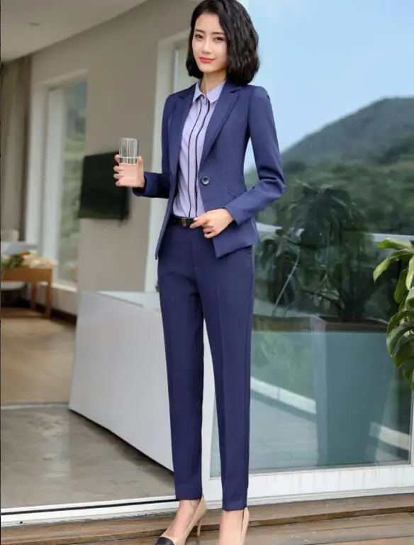 Navy coat and pants Профессиональный женский брючный костюм Модный деловой формальный тонкий Блейзер с длинным рукавом с брюками Офисная Женская одежда размера плюс Рабочая одежда - Цвет: Navy coat and pants