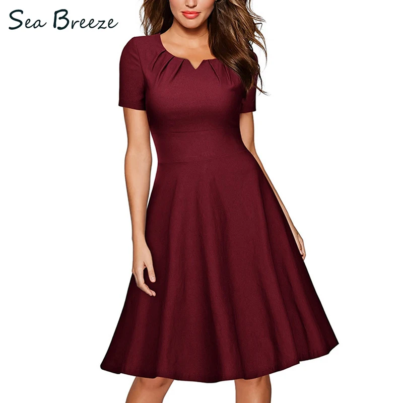 Sea Breeze Brand Summer 2017 new women fashion Brief Solid short sleeve Zippers Empire Big swing Ball Gown party Dress wine Red | Женская