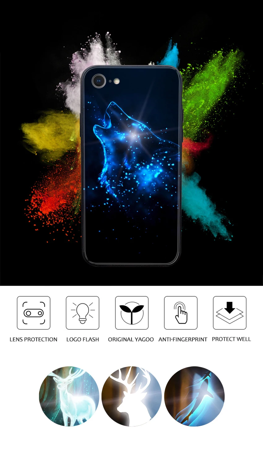Yagoo умный светодиодный светящийся чехол для телефона для iPhone 7 8 Plus чехол s задняя крышка для Apple с животным узором Funda роскошный стеклянный силиконовый чехол