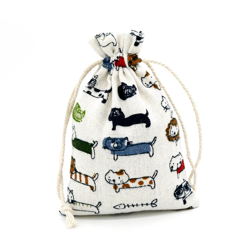 

Different Cat Printed Linen Bags 10pcs/lot 10x14cm Drawstring Cotton Bags Pouches for Candy Beads Jewelry Packaging Bags Pouches