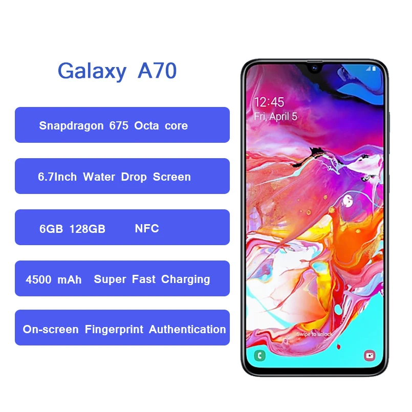 Смартфон samsung Galaxy A70, 6,7 дюймов, дисплей Infinity U, 6 ГБ, 128 ГБ, Восьмиядерный процессор Snapdragon 675, 4500 мАч, быстрая зарядка, мобильный телефон NFC