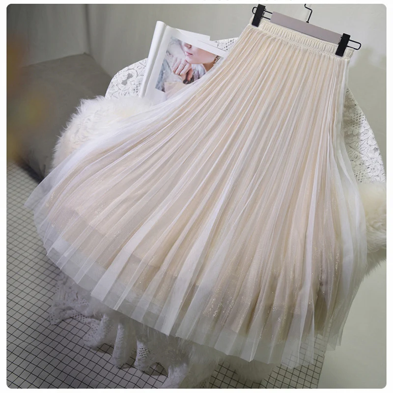 Gold Women's 3 Layer Bright Tulle Skirt Ladies Korean High Waist Shining Tutu Skirt Pleated Mesh Midi Skirts Faldas Autumn - Цвет: Gold