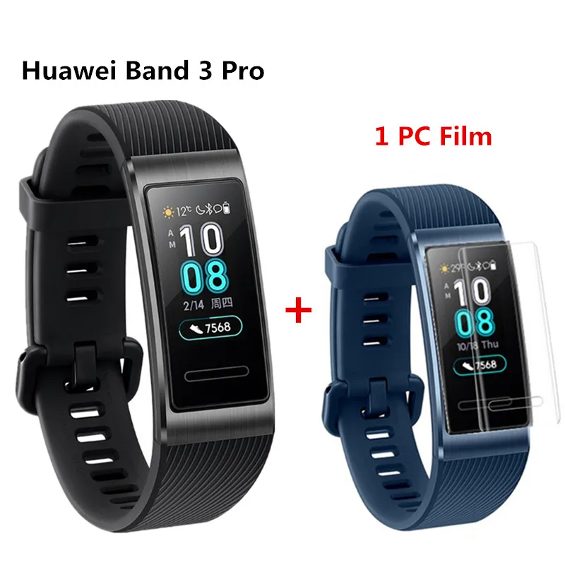 black add film Смарт-браслет huawei Band 3 Pro с gps, металлический Amoled, Полноцветный Сенсорный экран 0,95 дюйма, датчик сердечного ритма, браслет для плавания и сна - Цвет: black add film