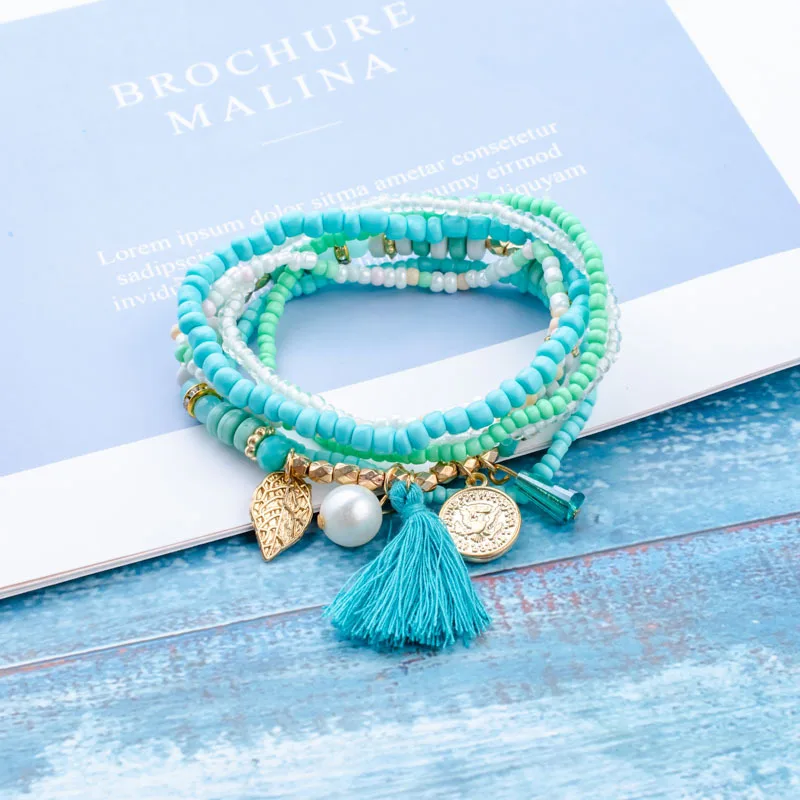 6 Pcs/set Bohemia Blue Acrylic Bead Women Bracelet Femme Adjustable Simulated Pearl Coin Tassel Charm Bracelets for Girl | Украшения и