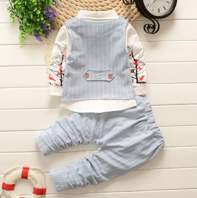 Spring Autumn New Boys Kids Clothes British Gentleman Style 3PCS Striped Vest + Printed Shirt Pants Boy Suits Formal | Детская одежда и