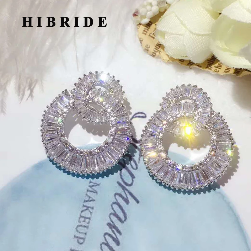 HIBRIDE Новые прозрачные двойные круглые серьги гвоздики с кубическим цирконием для