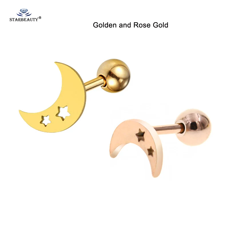 Golden and Rose Gold 2 шт./партия 1,0x6 мм Горячая звезда Луна хряща серьги шпилька Спираль пирсинг для пупка пирсинг Oreja пирсинг Orelha уха ювелирные изделия - Окраска металла: Golden and Rose Gold