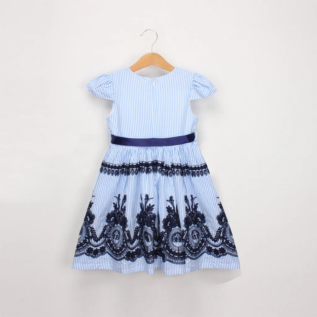 Платья для девочек летнее платье 2019 одежда в полоску С цветочной вышивкой
