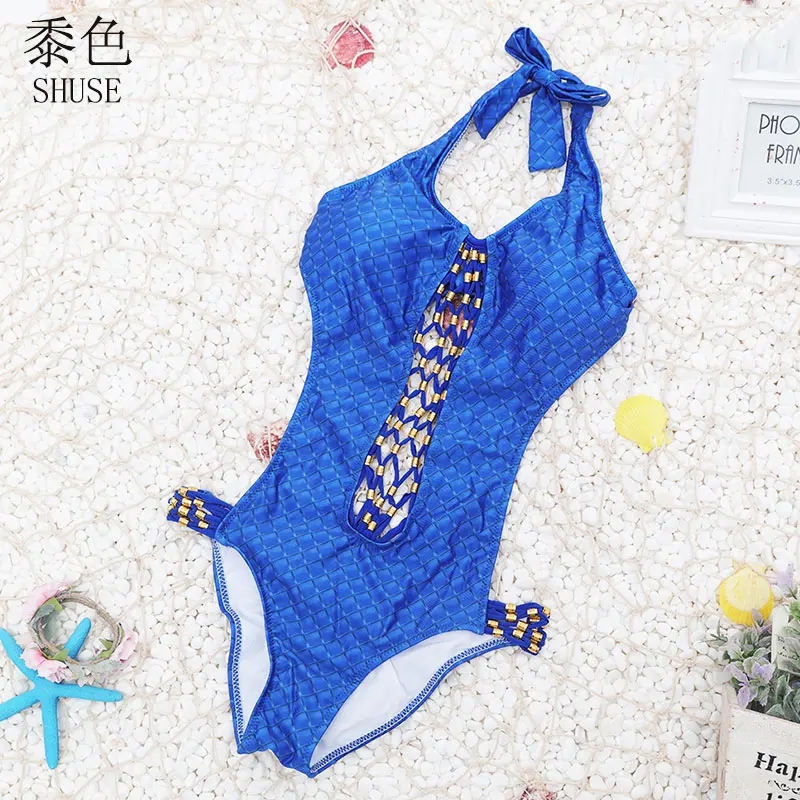 Высокая Вырезать Монокини Одна деталь купальник Для женщин красные синие бинты