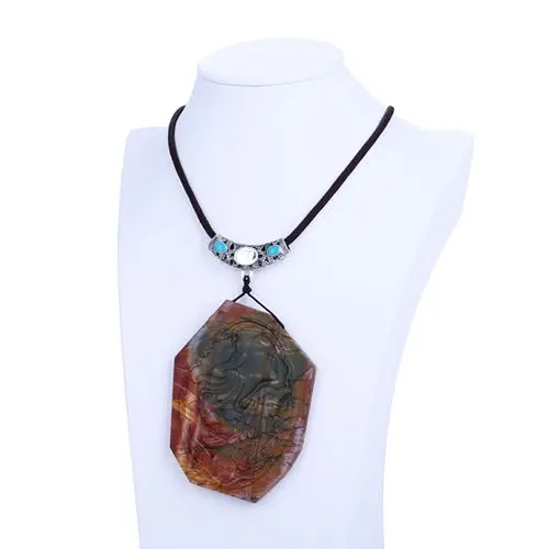 Carving Goddess Angel Multi-Color Picasso Jasper Gemstone Pendant Beads 90x64x9mm Cord length 50cm 83.9g