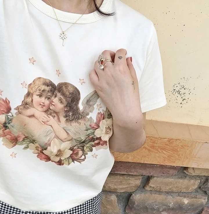 Starqueen JBH женская футболка в стиле ретро Cherubs Kissing симпатичная белая 90 х Ulzzang модный