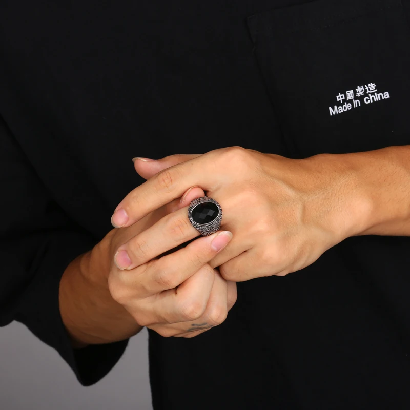 US7 Stainless Steel Obsidian Natural Stone Wedding Rings Punk Rock Finger Genuine Austria Ring For Men Women Sale Jewelry Gift