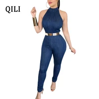 qili women denim jumpsuits romper sleeveless rear zipper casual jumpsuit summer women elegant skinny long pants overalls