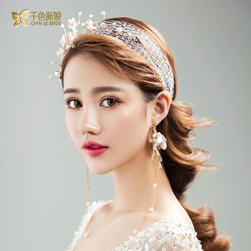 Fashion flower headband women crystal hairband pearl hair jewelry bride headpiece earring fascinator wedding accessory zijing | Украшения и
