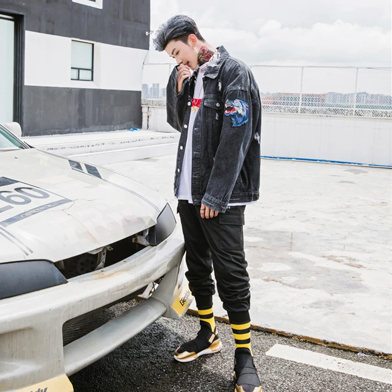 Темный логотип Волк Вышивка джинсовая куртка мужская 2019 Новая мода стиральная