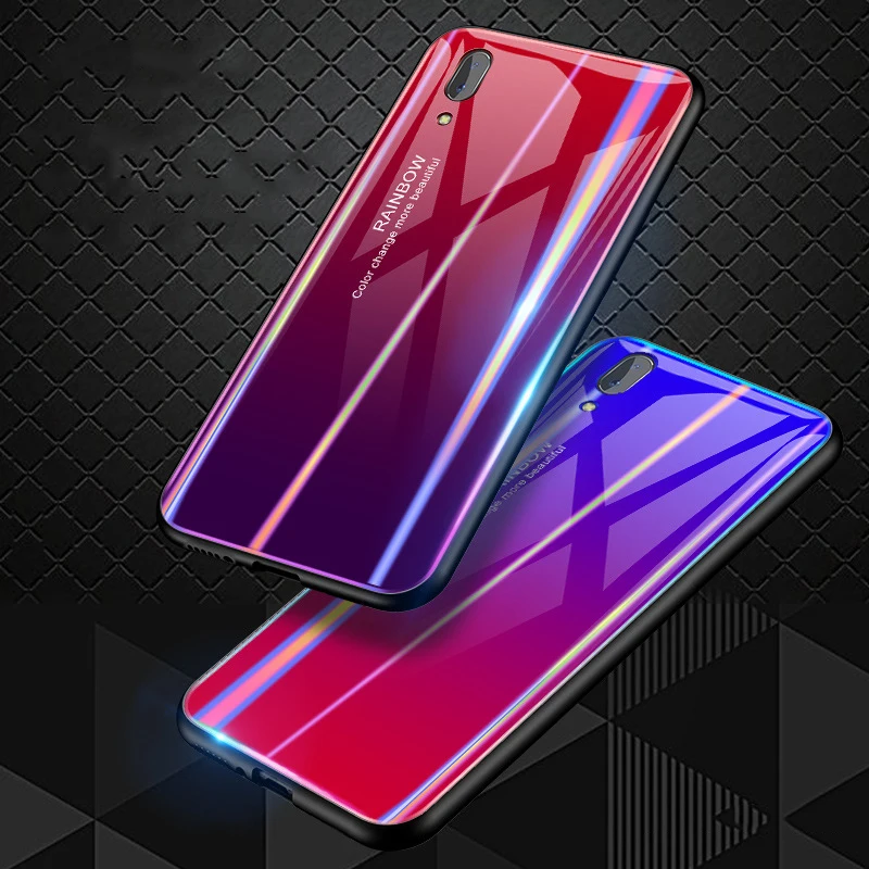 Gradient Rainbow Glitter Phone Case For VIVO X23 X20 Plus Aurora TPU + Explosion-proof Glass Back Cover VIVOX9 |