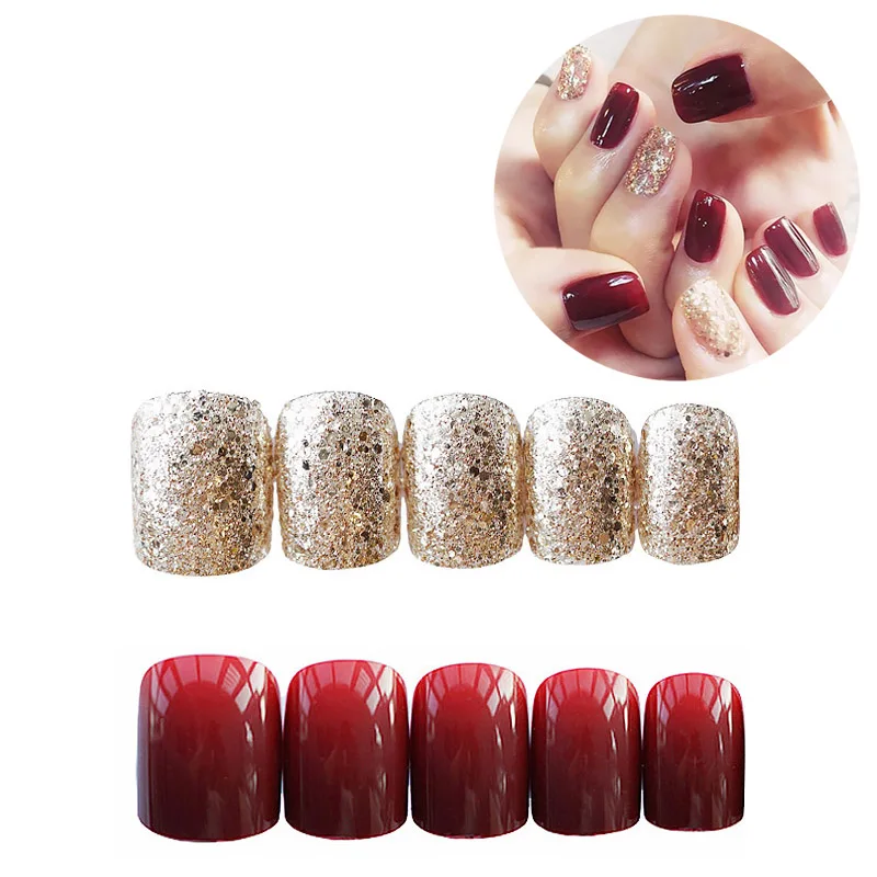 Gorgeous Women Nail Art tools 24pcs/set Red Gold Cady Glitter Color Fake Nails With Glue Short Full Nail Tips Hybrid Nail TY