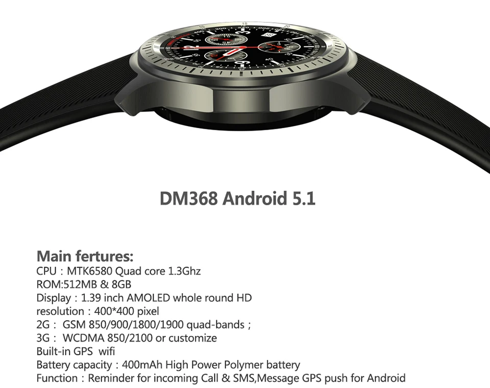 Время владельца DM368 3g Смарт-часы телефон Android OS 5,1 MTK6580 1,3" AMOLED дисплей gps Частота сердечных сокращений Google Play/карта wifi умные часы