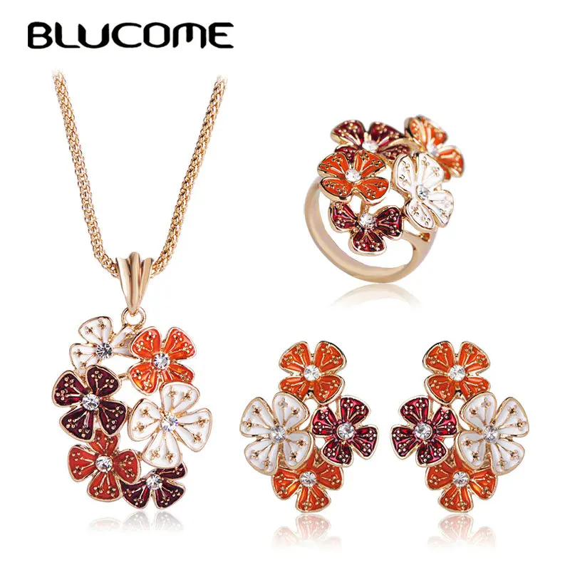 Blucome модные оранжевые эмалированные Цветочные цепочки и ожерелья серьги кольца