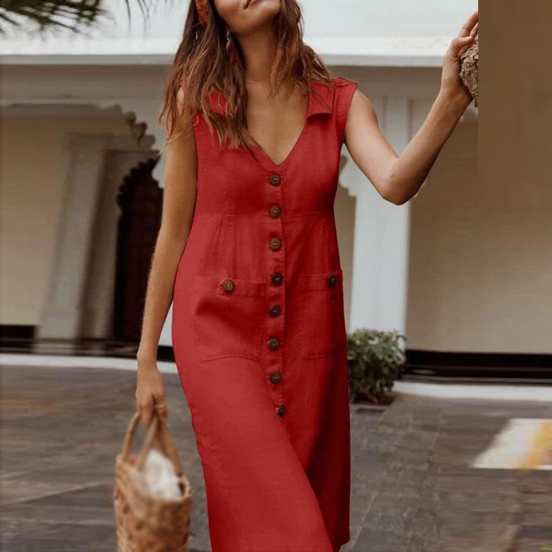 Летнее платье женское с карманами и пуговицами Повседневное без рукавов