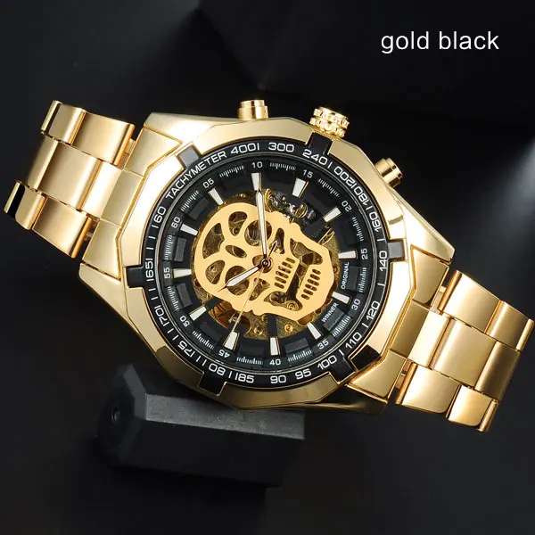 gold black T-WINNER Мужские механические часы Winner Топ люксовый бренд из нержавеющей стали скелетные часы самоветер механические мужские часы - Цвет: gold black