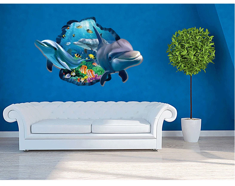 3d Effect Underwater World Dolphin Fish Background Wall Stickers Living Room Bedroom Sofa Decoration|Наклейки на стену| |
