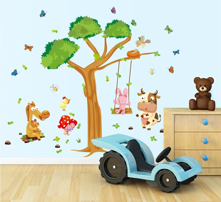 new large tree horse cow wall stickers kids home nursery living room decor party poster removable cartoon mural | Дом и сад