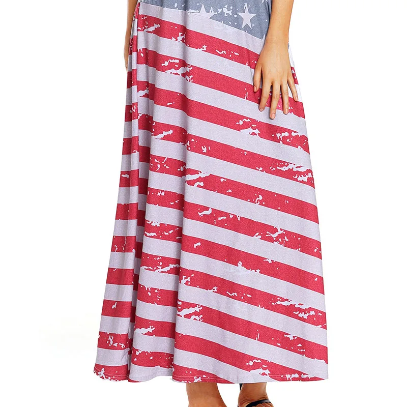 

SEBOWEL American Flag Print Sleeveless Maxi Sundress Woman Summer Female Beach Casual Loose Long Striped Festival Vest Dresses