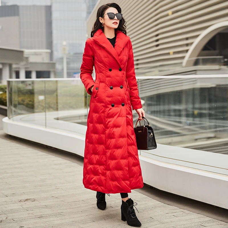 Red Новые модные зимние куртки-пуховики на белом утином пуху, женское однотонное двубортное длинное пальто с вышивкой и стоячим воротником, Женская пуховая куртка - Цвет: Red