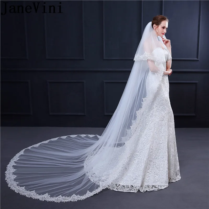 

JaneVini New Two Layers Bridal Veil Long Cathedrals Ivory Lace Edge Women Wedding Vail Veils With Comb Lange Sluier 3meter White