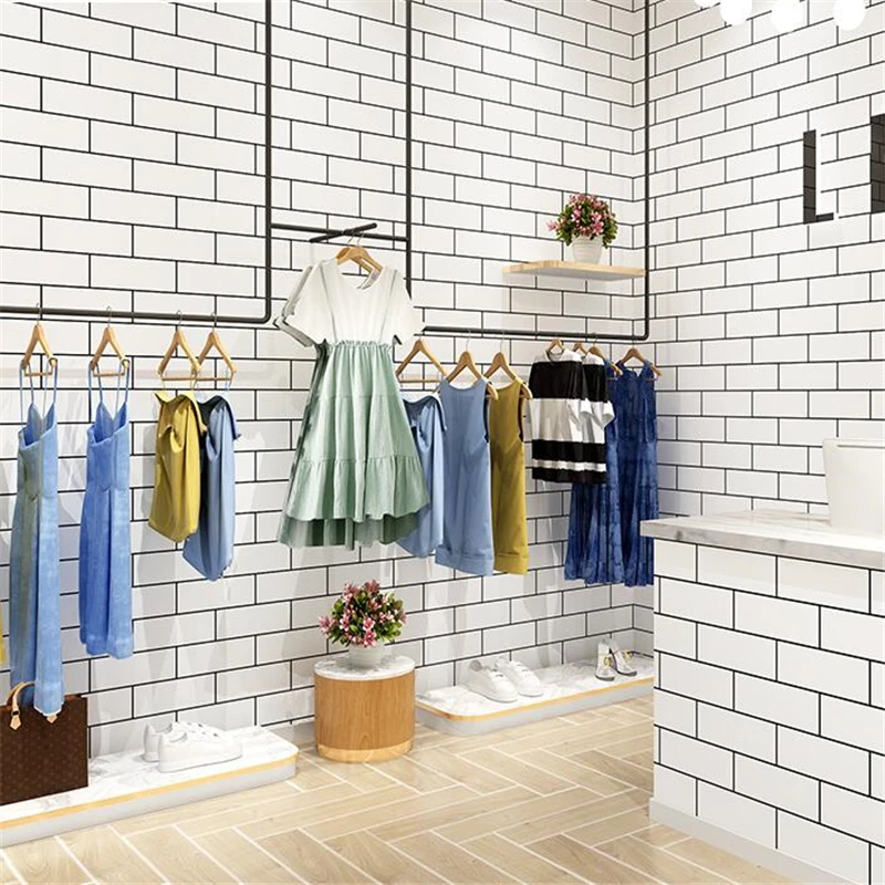 wellyu Nordic style wallpaper ins white brick clothing store black and plaid wall paper tea modern minimalist | Обустройство дома
