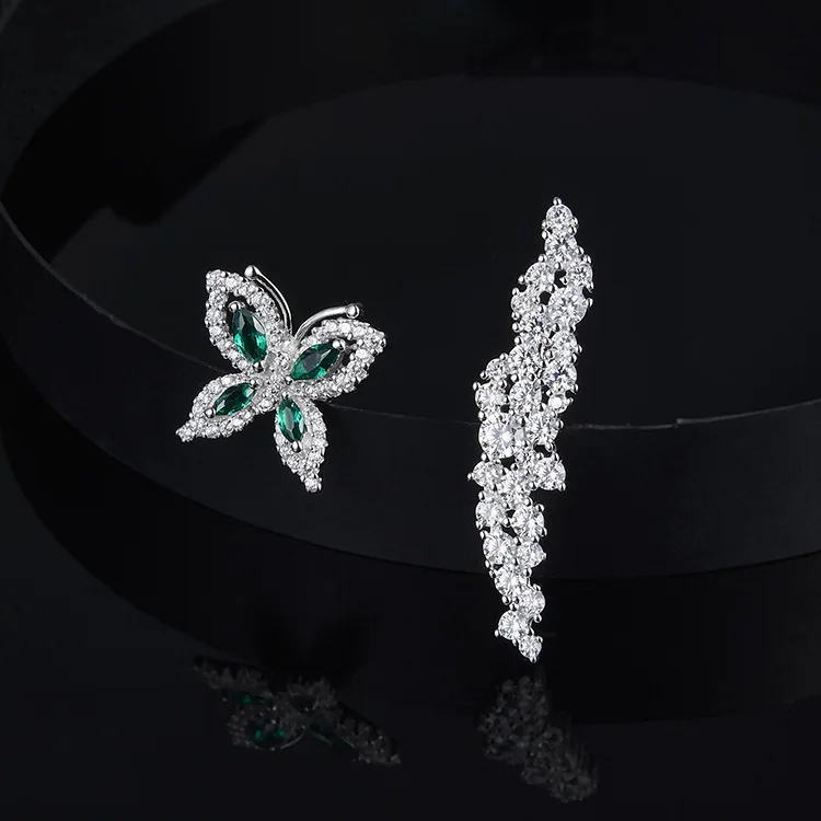 Ins-APM original asymmetric 925 sterling silver green diamond butterfly flower shape earrings fashion ear nail jewelry | Украшения и