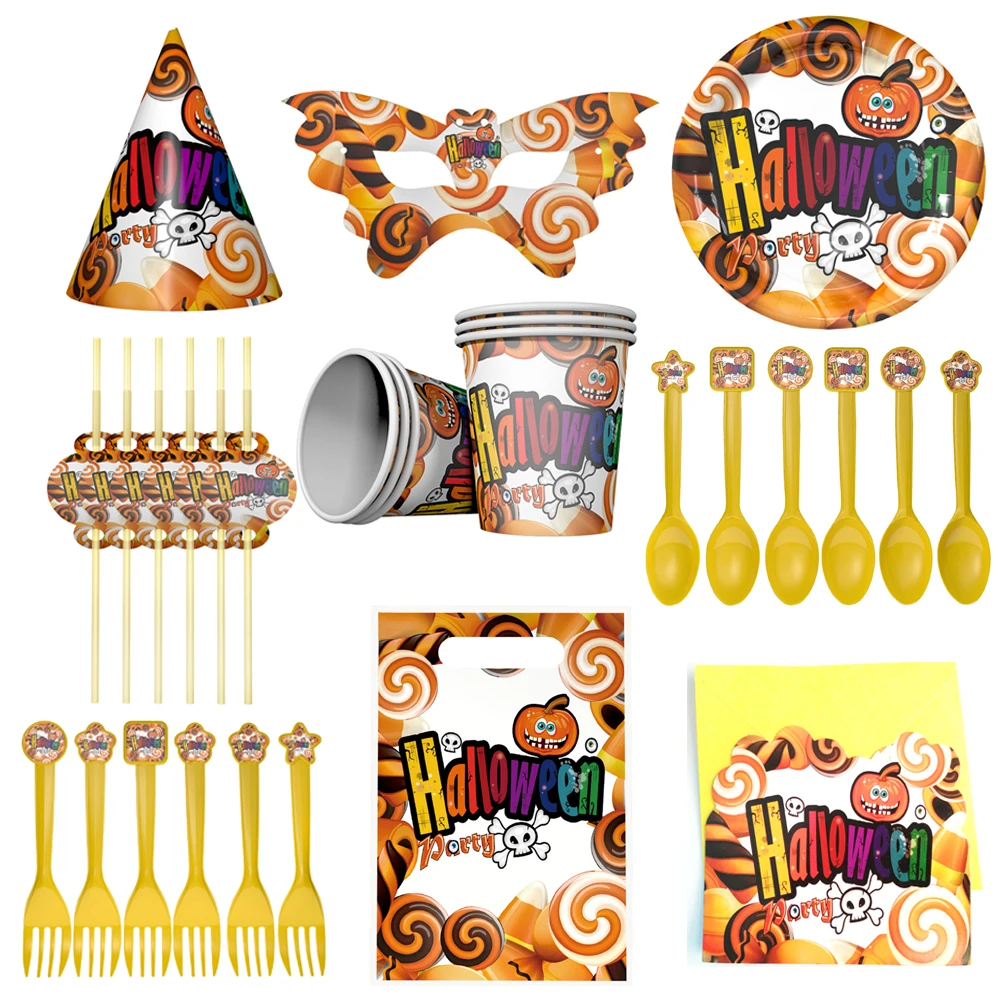 Creative Halloween Pumpkin Tableware Set Disposable Paper Plates Cups Straws Napkin Tablecloth For Festival Event Party Supply | Дом и сад
