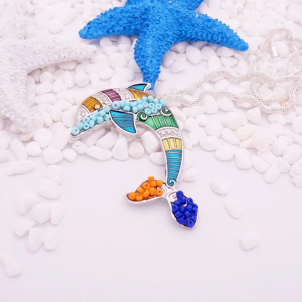 Free Fan Beaded Enamel Silver Dolphin Necklace Pendant Fashion Sea Animal Jewelry Accessories For Women Girls | Украшения и