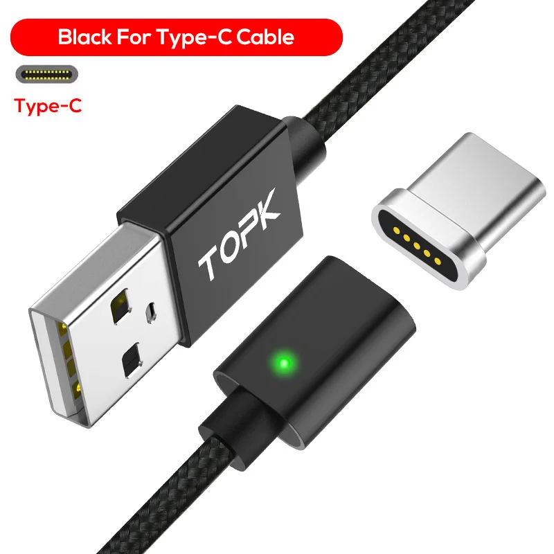 Black TOPK 1M 2M 2.4A Магнитный кабель type C, обновленный нейлоновый светодиодный кабель с индикатором USB C для зарядки и синхронизации данных USB C кабель для samsung - Цвет: Black