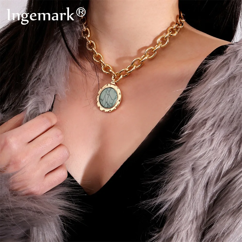 Ingemark, панк, Майями, круглая монета, подвеска, колье, ожерелье, старинный зеленый камень, синий кристалл, болтается, толстая цепочка, длинное ожерелье, ювелирное изделие