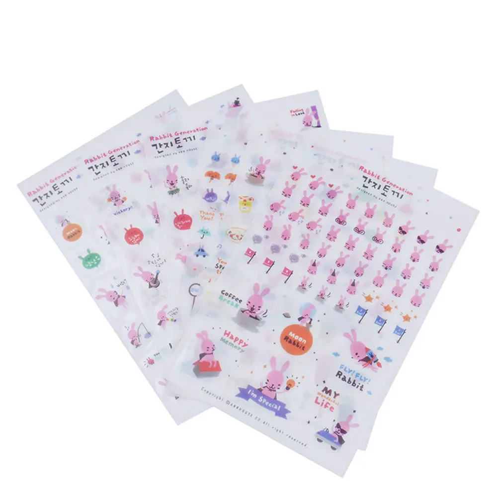 (6 листов/уп наклейки) ПВХ с мультипликационным принтом в виде милого кролика на