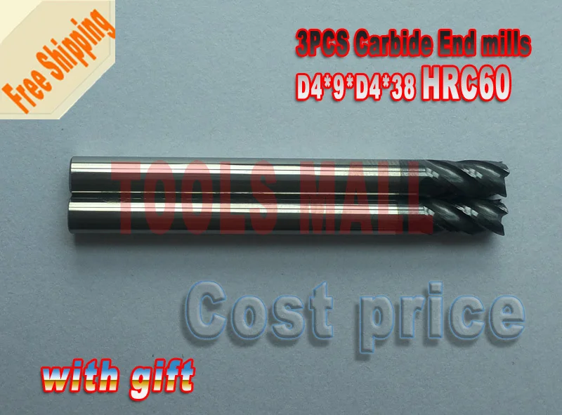 

3pcs 4mm Four Flutes Spiral Bit Milling Tools Carbide CNC Endmill Router bits hrc60 D4*9*D4*38
