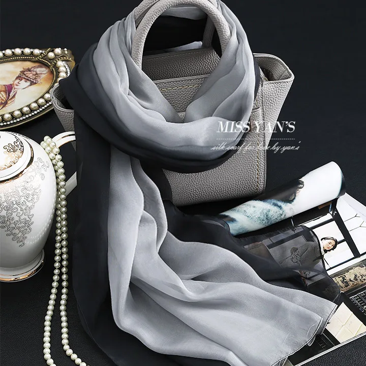 Женский шарф из натурального шелка Модный классический черный серый градиентный