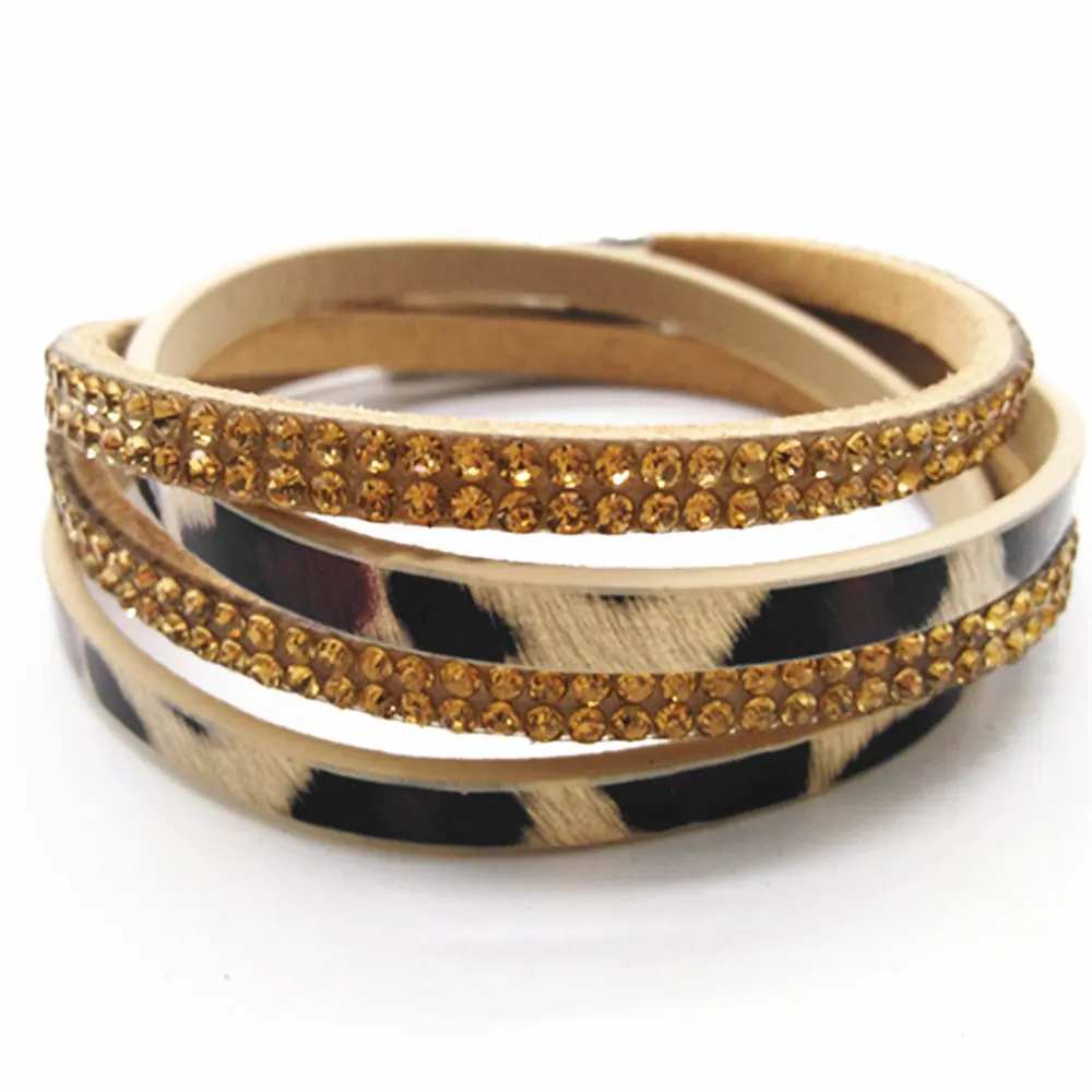 Leopard Rhinestone многослойные кожаные браслеты ручной работы женские модные манжеты