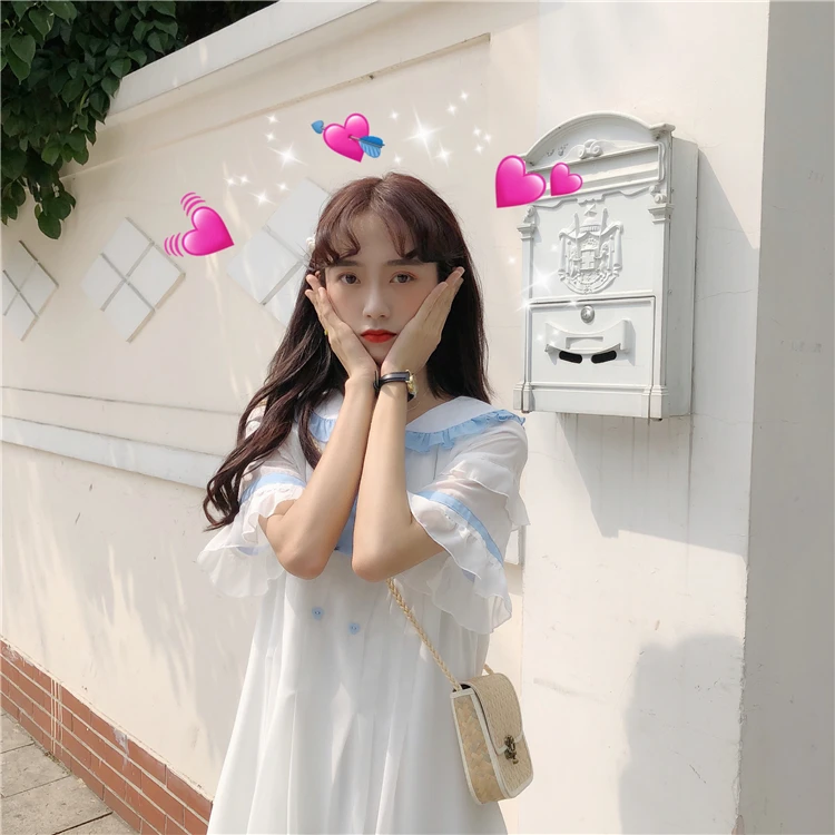 Японский Harajuku женское белое шифоновое платье Kawaii с воротником Питер Пэн в
