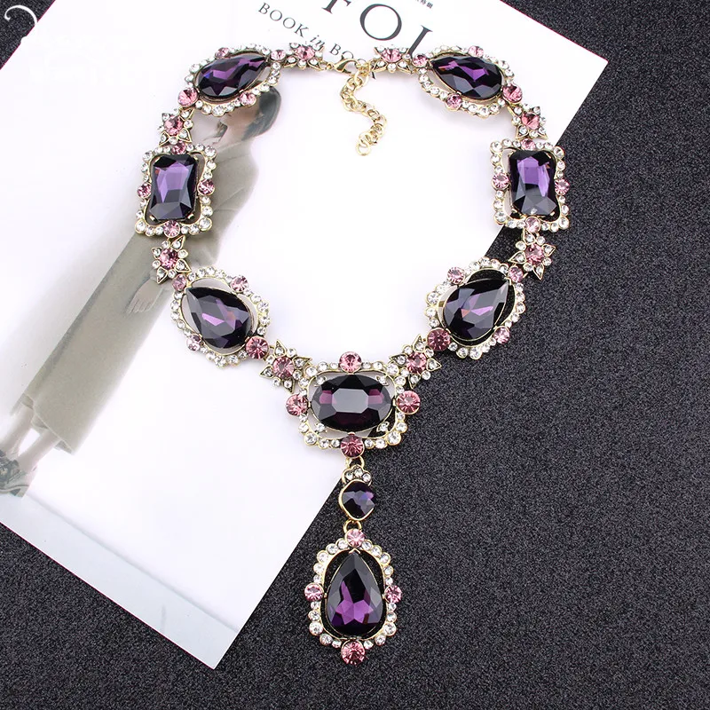 

Dvacaman Purple Square Crystal Statement Necklace Women Romantic Heart Glass Pendant Necklace Indian Bridal Jewelry Accessories
