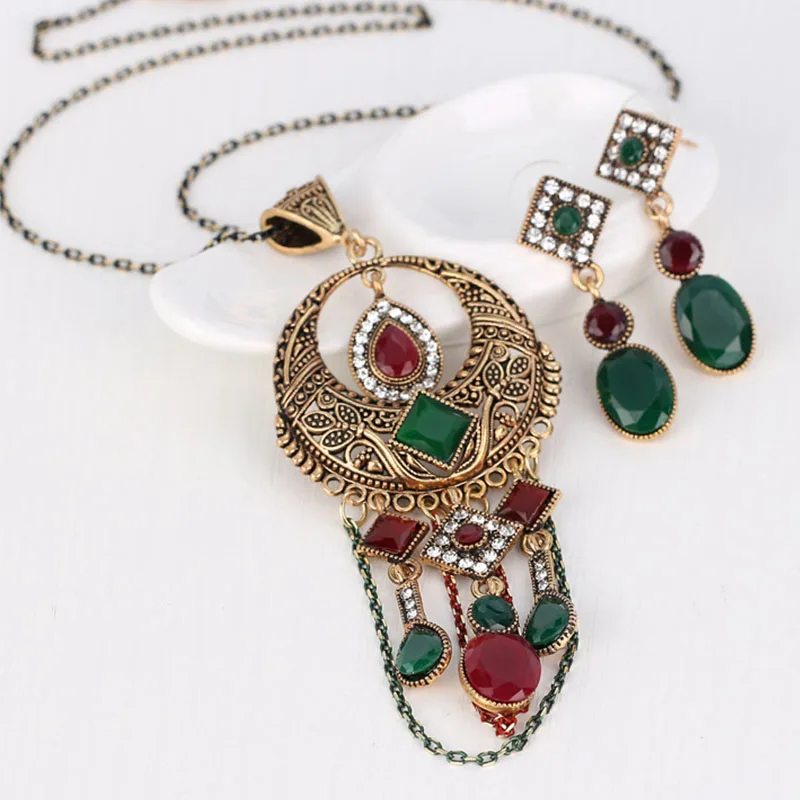 New Retro Rhinestones Crystal Pendant Necklace Chain Earrings Jewelry Set | Украшения и аксессуары