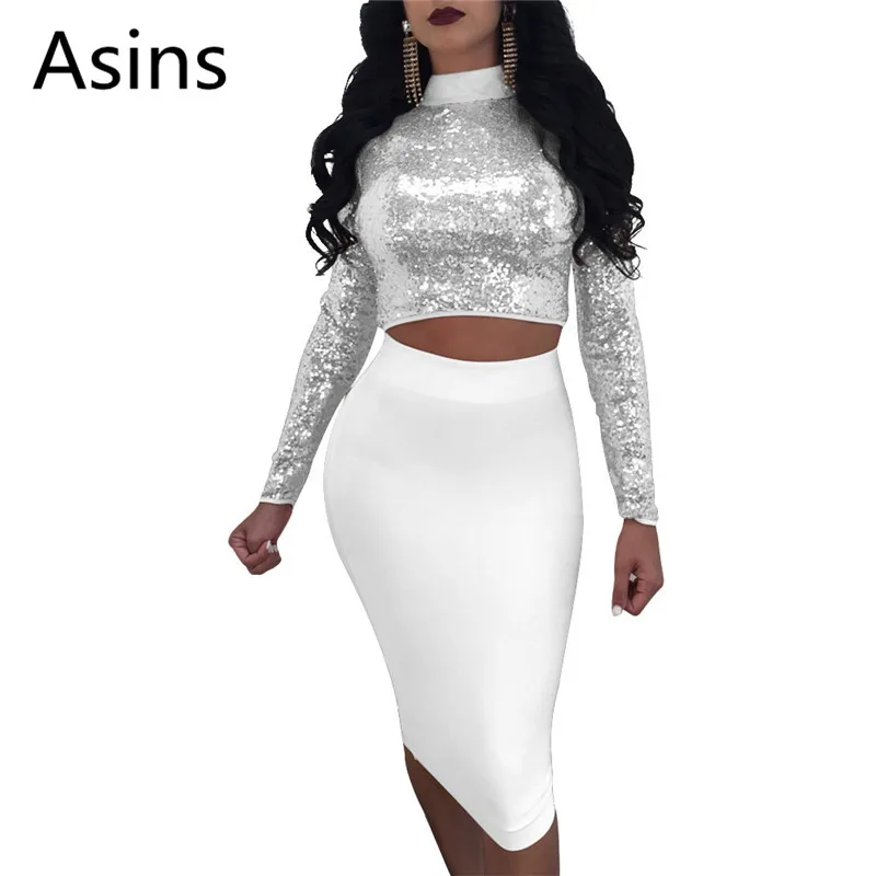 

Asins Sexy sequin two piece set 2019 spring new hot women casual fashion o neck Multiple wearing methods sequin two piece set