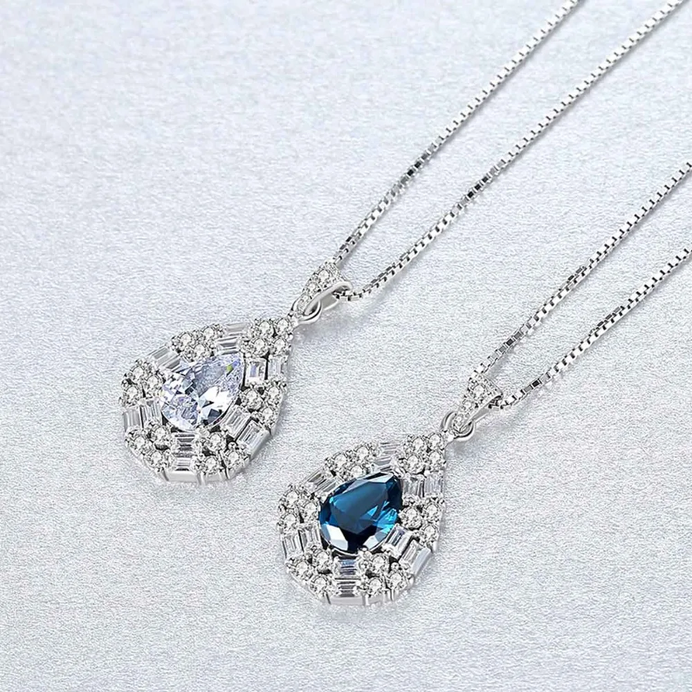 CZCITY Gorgeous 925 Sterling Silver Water Drop Pendant Necklace for Women 2 Colors Luxury Big Gemstone Wedding Jewelry | Украшения и